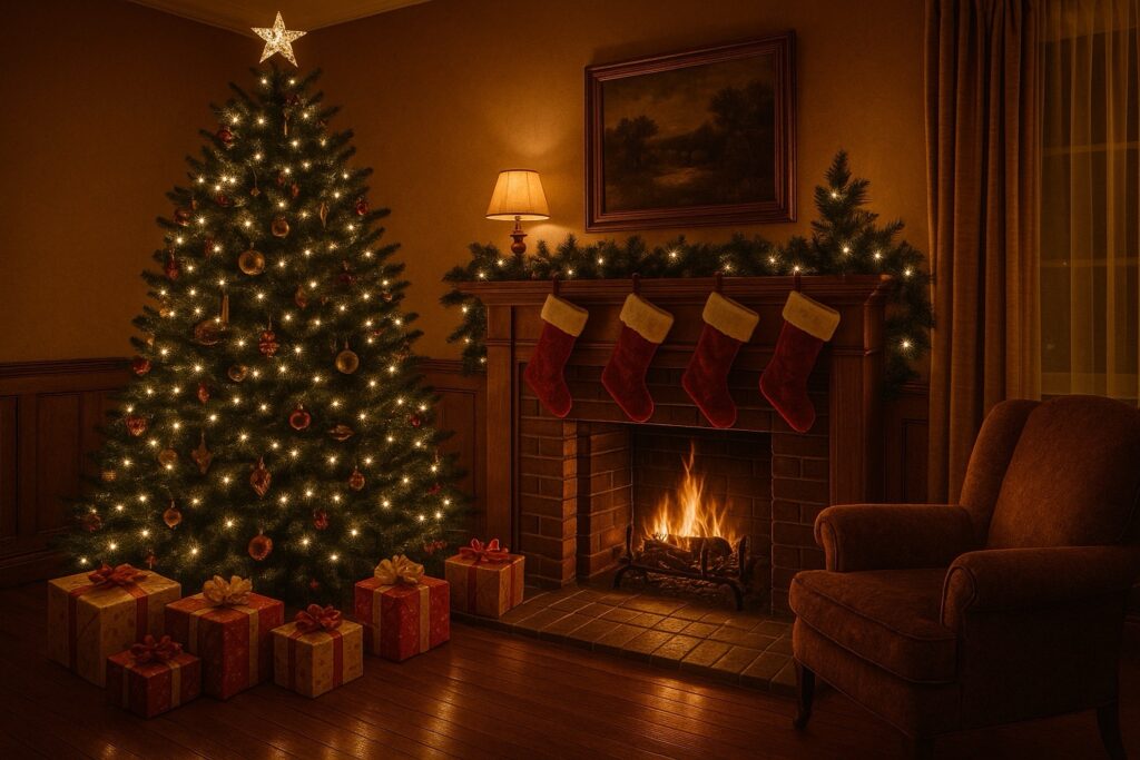 A cozy living room decorated for Christmas, featuring a glowing Christmas tree with lights and ornaments on the left, a fireplace on the right with four red stockings hanging from the mantel, garlands with lights, wrapped presents beneath the tree, and a soft armchair nearby—evoking warmth, nostalgia, and holiday spirit.