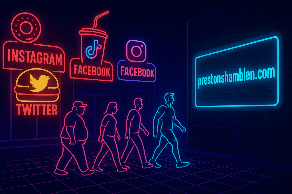 Neon-style digital artwork showing people walking away from fast-food-themed social media signs—Instagram, Twitter, TikTok, and Facebook—toward a glowing billboard that reads “prestonshamblen.com.” The further they walk, the healthier and more defined they appear.
