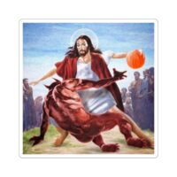 Sticker design showing Jesus performing a basketball crossover against the devil in a bold, humorous style with vivid colors and kiss-cut edges.