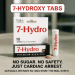 Parody advertisement for “7-Hydroxy Tabs” mimicking drug marketing, with warnings like “No Sugar. No Safety. Just Cardiac Arrest,” satirizing unregulated 7-OH products sold on platforms like Facebook.
