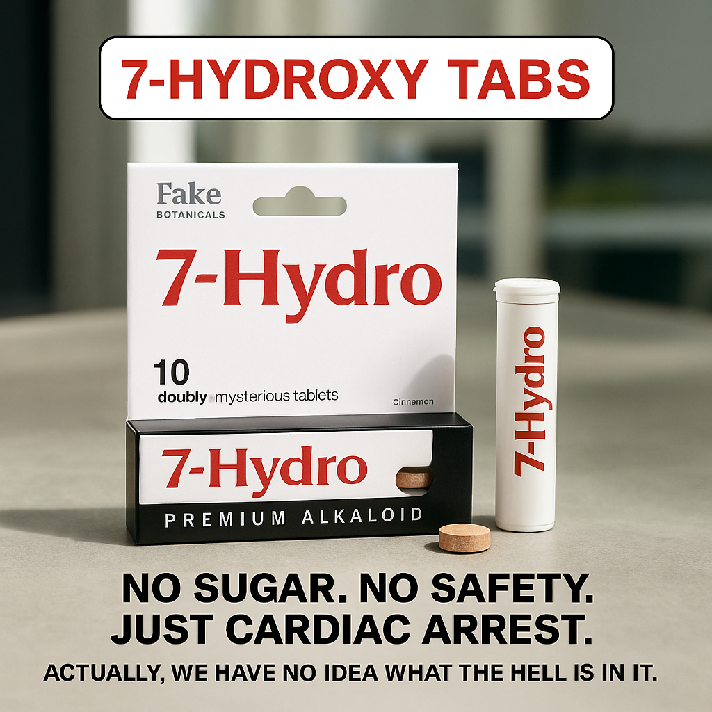 Parody advertisement for “7-Hydroxy Tabs” mimicking drug marketing, with warnings like “No Sugar. No Safety. Just Cardiac Arrest,” satirizing unregulated 7-OH products sold on platforms like Facebook.