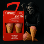 A parody product package labeled 'Ωhmz Conez' featuring strawberry ice cream cones containing 7-hydroxymitragynine, with a grim reaper holding a scythe shaped like the number 7 standing next to the box to symbolize death and danger.