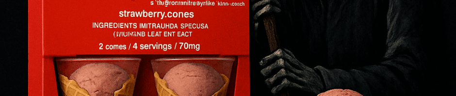 A parody product package labeled 'Ωhmz Conez' featuring strawberry ice cream cones containing 7-hydroxymitragynine, with a grim reaper holding a scythe shaped like the number 7 standing next to the box to symbolize death and danger.