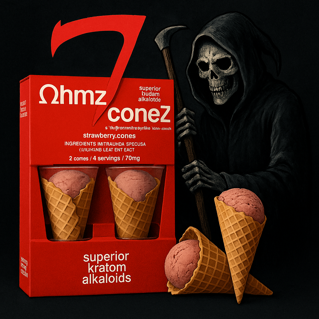 A parody product package labeled 'Ωhmz Conez' featuring strawberry ice cream cones containing 7-hydroxymitragynine, with a grim reaper holding a scythe shaped like the number 7 standing next to the box to symbolize death and danger.