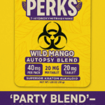 A dark parody image of COZO PERKS packaging for 7-hydroxymitragynine chewable tablets. The yellow box shows 'Party Blend' rebranded as 'Autopsy Blend' with a warning label: 'May cause mood collapse, stomach paralysis, or spontaneous death.