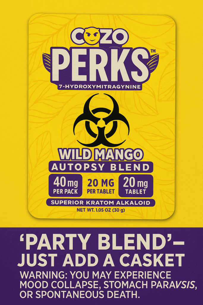 A dark parody image of COZO PERKS packaging for 7-hydroxymitragynine chewable tablets. The yellow box shows 'Party Blend' rebranded as 'Autopsy Blend' with a warning label: 'May cause mood collapse, stomach paralysis, or spontaneous death.