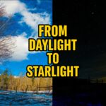 Split-screen thumbnail showing the same hayfield at Shamblen Farms during golden daylight on the left and star-filled night sky on the right, capturing a dramatic day-to-night transformation.