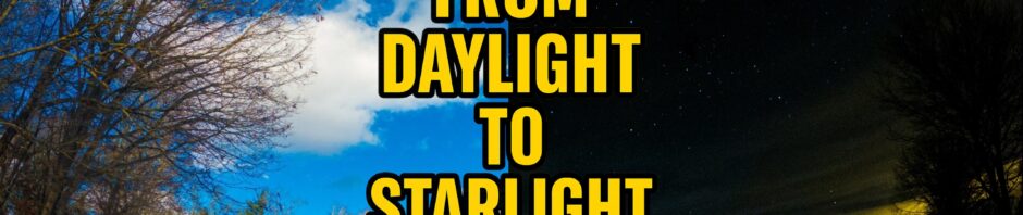 Split-screen thumbnail showing the same hayfield at Shamblen Farms during golden daylight on the left and star-filled night sky on the right, capturing a dramatic day-to-night transformation.