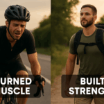 Split image showing a fatigued cyclist labeled “BURNED MUSCLE” on the left, and a confident man rucking through nature labeled “BUILT STRENGTH” on the right.