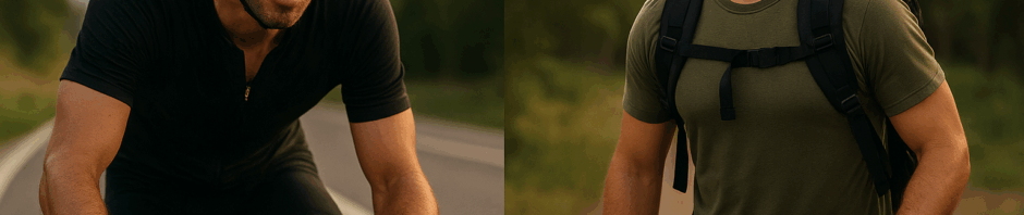 Split image showing a fatigued cyclist labeled “BURNED MUSCLE” on the left, and a confident man rucking through nature labeled “BUILT STRENGTH” on the right.