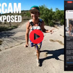 Preston Shamblen rucking outdoors in a 360° video while exposing the DateFit scam, with a screenshot of a text from the CEO promoting a wellness MLM patch. Overlay reads 'SCAM EXPOSED' with the DateFit app icon.