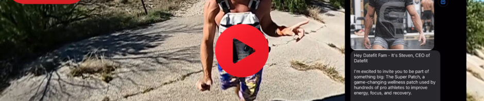 Preston Shamblen rucking outdoors in a 360° video while exposing the DateFit scam, with a screenshot of a text from the CEO promoting a wellness MLM patch. Overlay reads 'SCAM EXPOSED' with the DateFit app icon.
