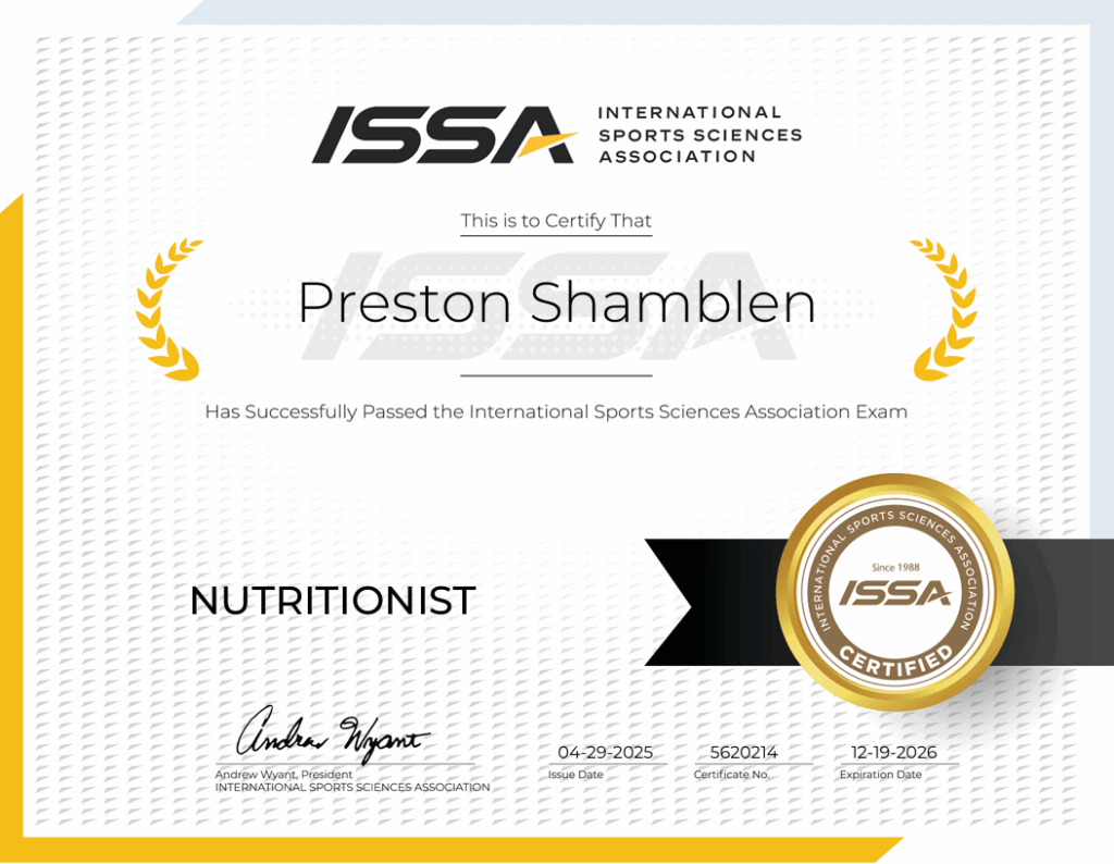 ISSA Certified Fitness Nutrition Coach Certificate for Preston Shamblen