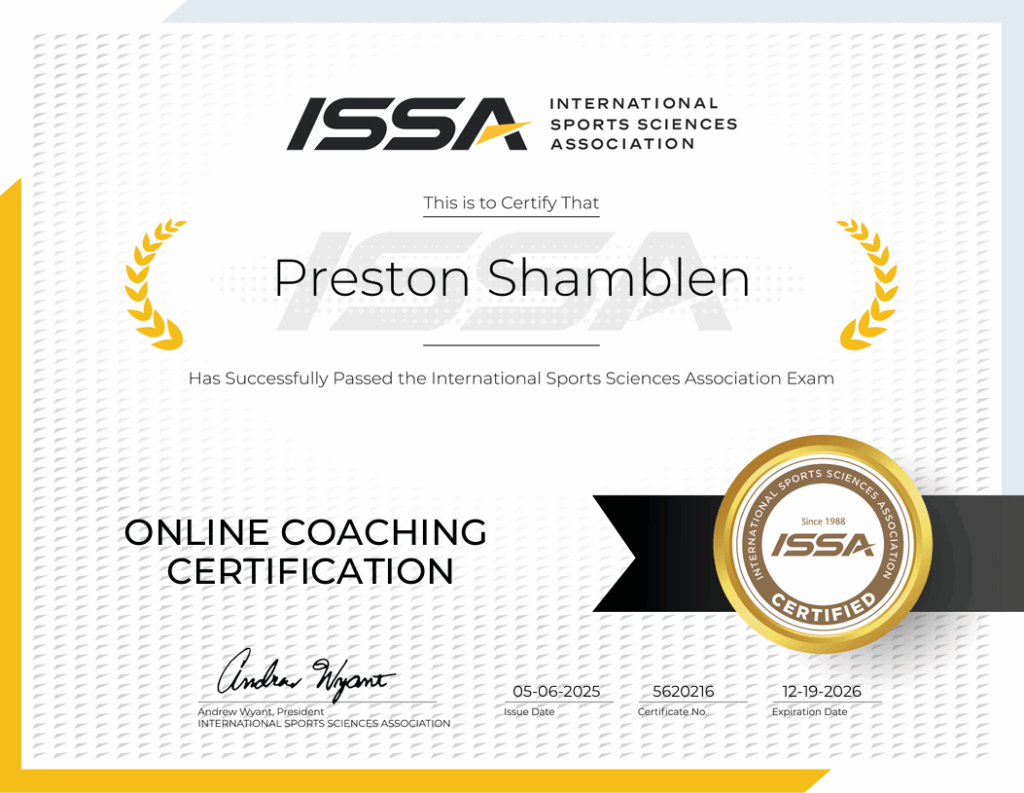 ISSA Certified Online Coach Certificate for Preston Shamblen