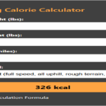 Screenshot of the Rucking Calorie Calculator showing input fields for body weight, pack weight, distance, and effort level, with a result of 326 kcal burned.