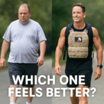 Side-by-side comparison of two middle-aged men walking outdoors — one overweight and tired, the other fit and smiling in a weighted vest — illustrating the physical and emotional benefits of rucking.