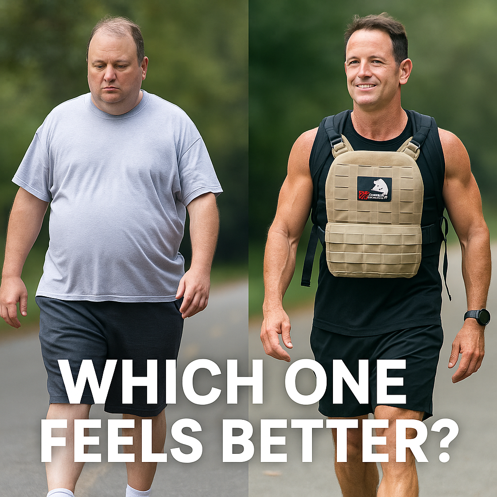 Side-by-side comparison of two middle-aged men walking outdoors — one overweight and tired, the other fit and smiling in a weighted vest — illustrating the physical and emotional benefits of rucking.