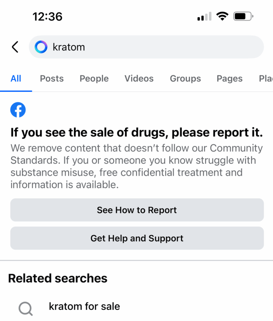 Facebook warning message stating “If you see the sale of drugs, please report it,” shown when users attempt to search for kratom-related content.
