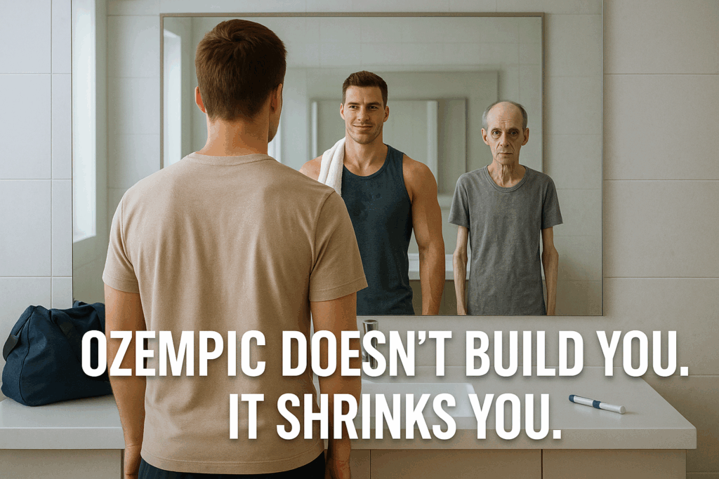 A man stands in front of a bathroom mirror. In the reflection, the left side shows a fit, muscular version of himself in workout clothes. The right side shows a frail, older version in a loose t-shirt. A generic injection pen lies on the bathroom counter. Text on the image reads: “Ozempic Doesn’t Build You. It Shrinks You.”
