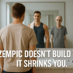 A man stands in front of a bathroom mirror. In the reflection, the left side shows a fit, muscular version of himself in workout clothes. The right side shows a frail, older version in a loose t-shirt. A generic injection pen lies on the bathroom counter. Text on the image reads: “Ozempic Doesn’t Build You. It Shrinks You.”