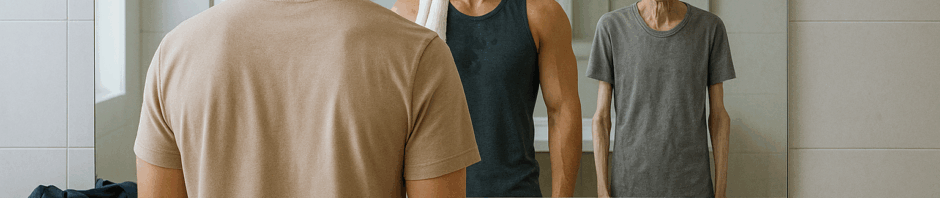 A man stands in front of a bathroom mirror. In the reflection, the left side shows a fit, muscular version of himself in workout clothes. The right side shows a frail, older version in a loose t-shirt. A generic injection pen lies on the bathroom counter. Text on the image reads: “Ozempic Doesn’t Build You. It Shrinks You.”
