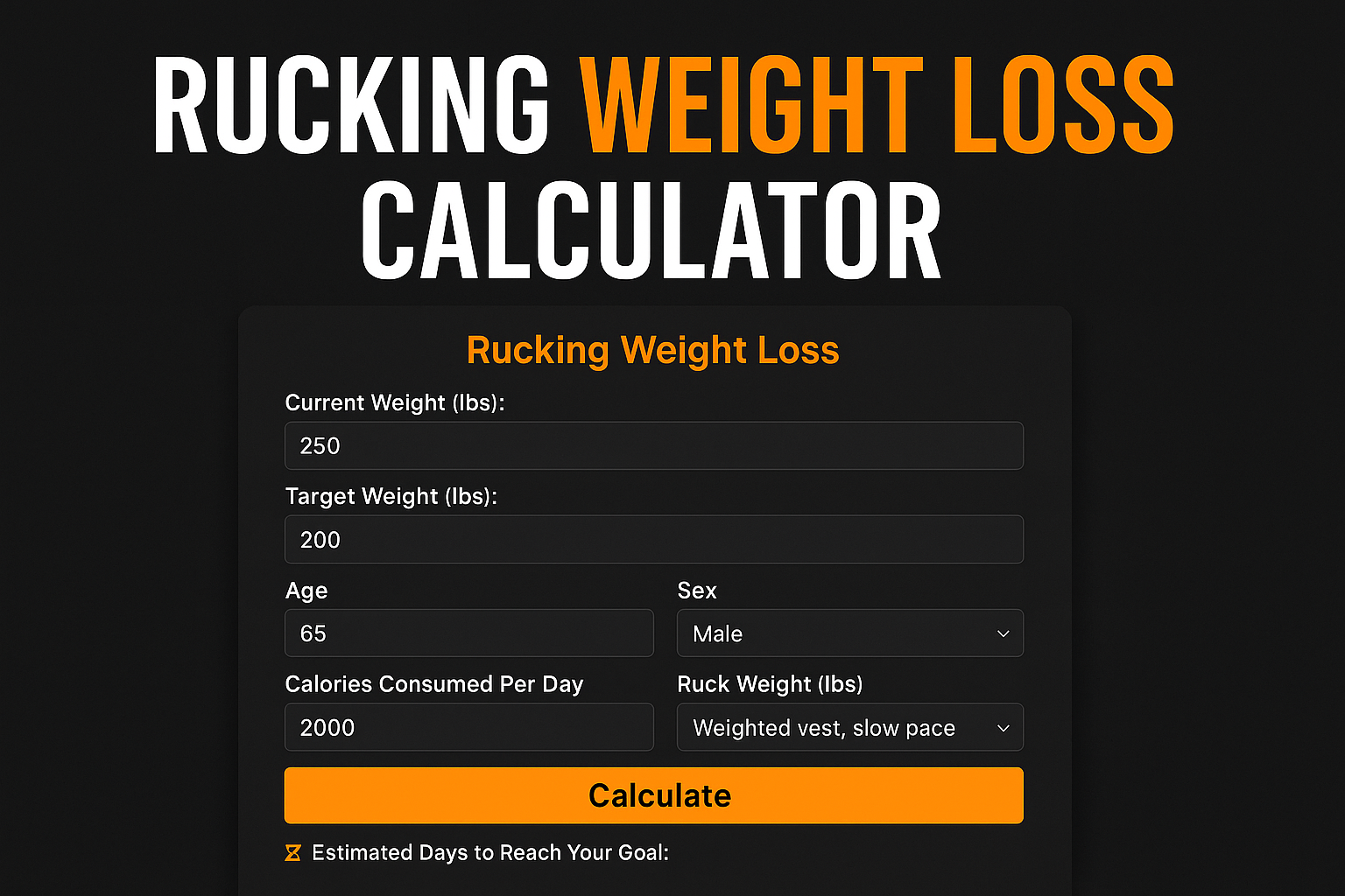 Wide digital graphic showing the Rucking Weight Loss Calculator interface with bold white and orange title and dark input form for entering weight, age, calories, and pack details.