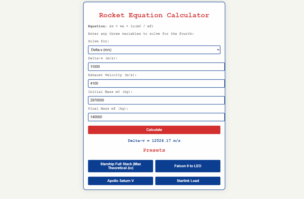 "Rocket equation calculator showing delta-v calculations for space missions"