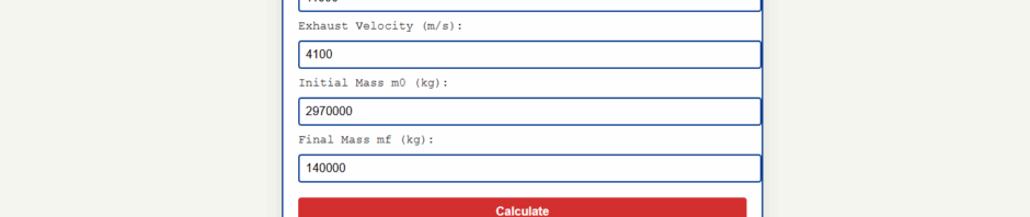 "Rocket equation calculator showing delta-v calculations for space missions"